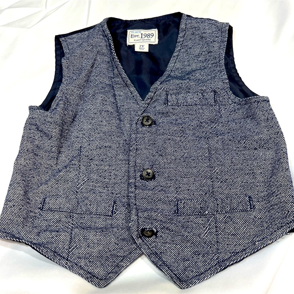 Boys Dress Vest Navy Blue Herringbone Button Up Formal Wedding Party Size 2T